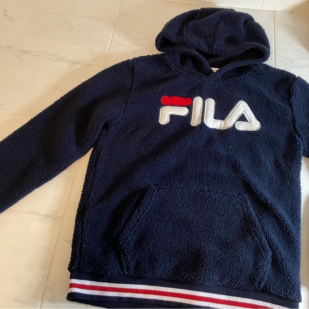 Fila blue super soft Sherpa hoodie with front pocket. Like new!
